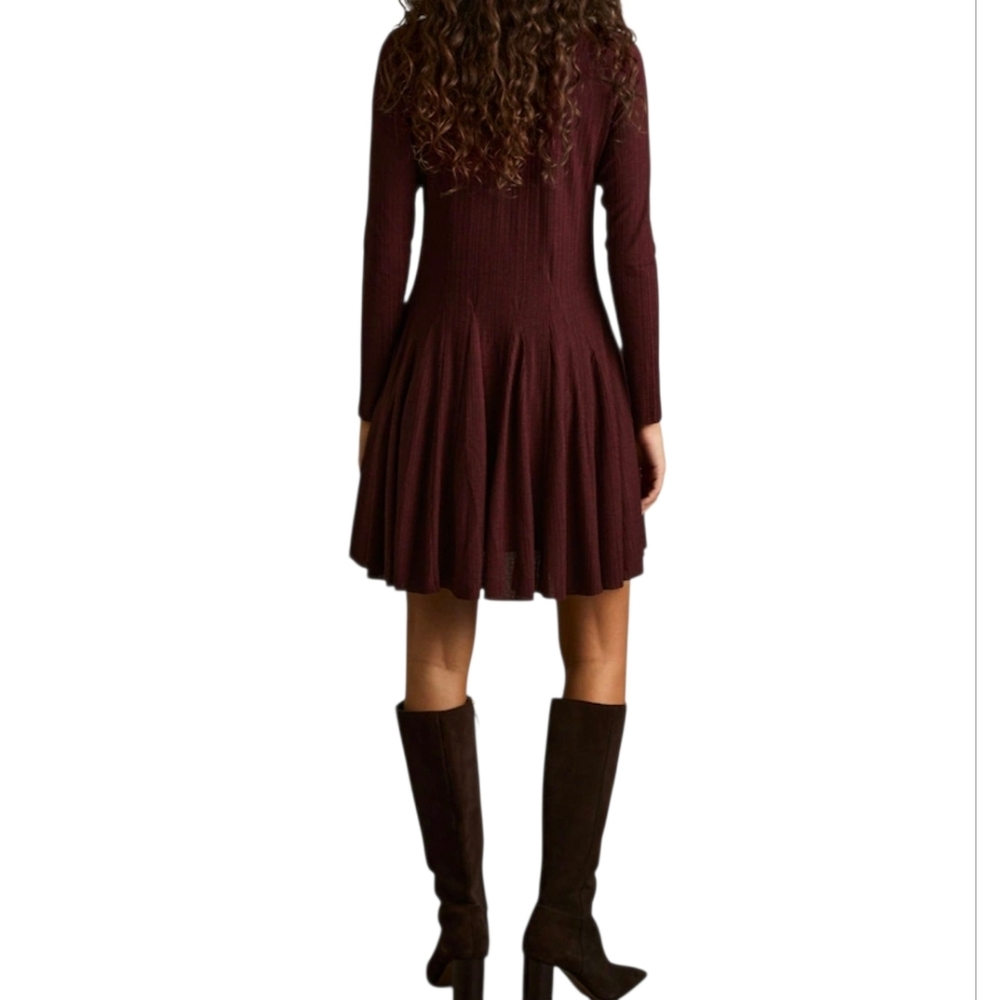 Reiss Savannah Jersey Ribbed Flared Mini Dress Burgundy Sz 10 - Picture 2 of 16
